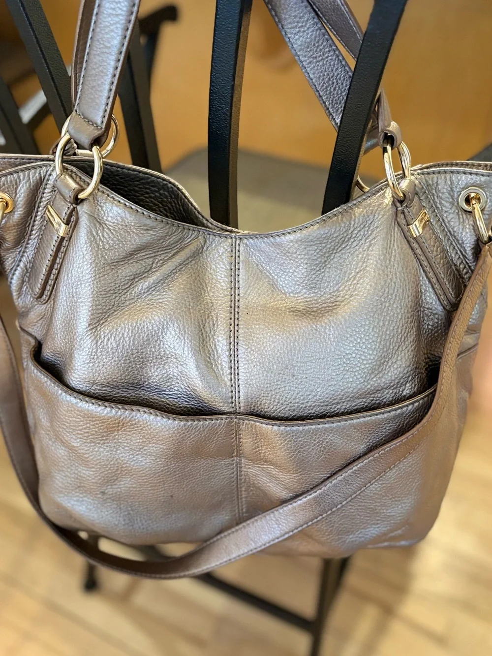 Authentic Michael Kors Layton Metallic Gold Pebbled Leather Shoulder Bag w/ Dust - Picture 3 of 13